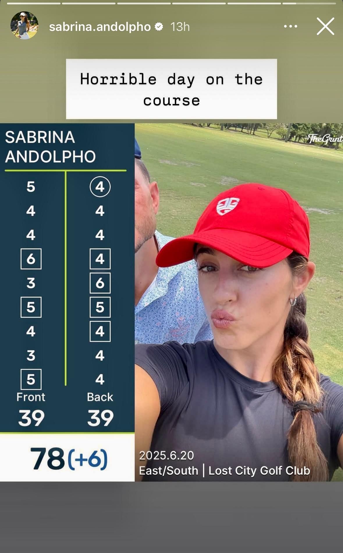 Sabrina Andolpho's Instagram story after her round at the Lost City Golf Club